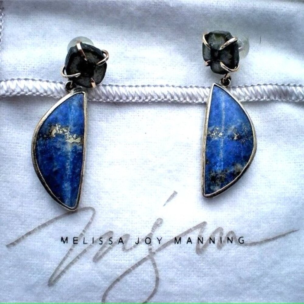 Melissa Joy Manning 14K Gold Sterling Silver 925 Lapis Agate Dangle Earrings